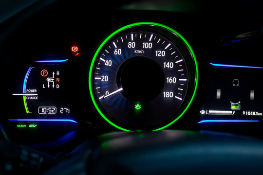 Hybrid Electric Vehicle Digital Dashboard with Eco Driving Instrument Panel. Hybrid Car Digital Instrument Cluster and Speedometer Display