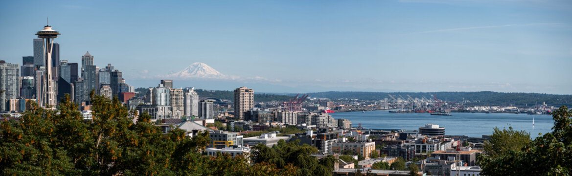 Views of the Seattle Cityscape skyline from Kerry Park, Seattle Washington with Mount Rainier in the far ground on a clear summer day. 2026 skyline with updated waterfront park and arena.