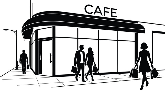 Elegant black and white line art illustration showing fashionable people walking past a modern urban cafe shop front with large glass windows while carrying shopping bags during a sunny afternoon stro