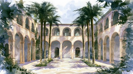 Obraz premium Italian palazzo courtyard watercolor illustration tranquil historic architecture bathed in warm sunlight shadows