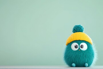 Fototapeta premium Blue stuffed owl toy with yellow knitted hat