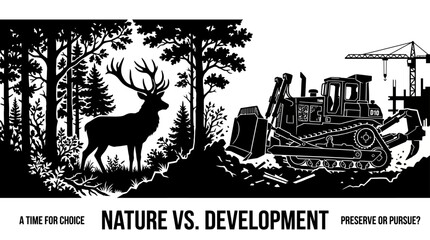 Naklejka premium A black and white illustration depicting a deer standing in a forest facing a bulldozer representing the conflict between nature and industrial development.