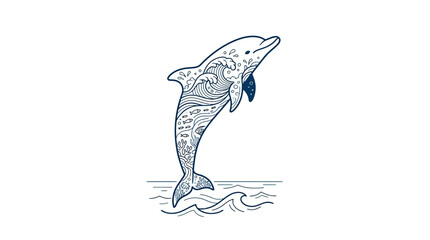 A stylized artistic illustration of a leaping dolphin featuring intricate wave patterns and line art details. © Avis_Sunani