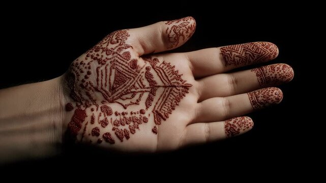 Close-up palm view of a hand adorned with intricate henna mehndi designs, slowly rotating against a dark background, symbolizing tradition, cultural celebration