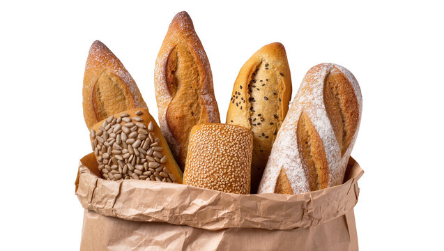 Assorted bread loaves with seeds and flour in paper bag