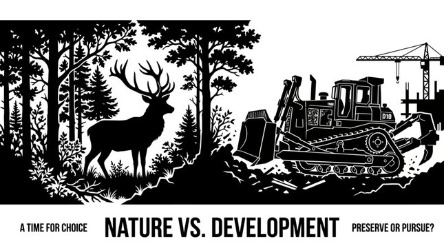 A black and white illustration depicting a deer standing in a forest facing a bulldozer representing the conflict between nature and industrial development.