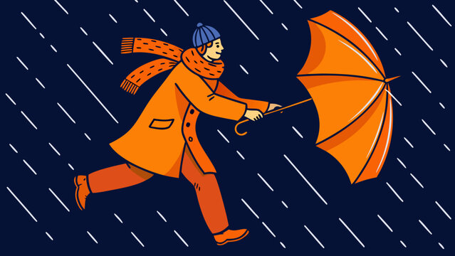 A vector illustration depicting a person with an umbrella walking against a backdrop of falling rain autumn bad weather blustery cold front downpour
