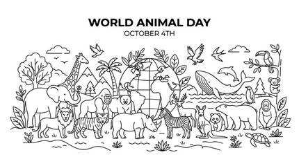 A detailed black and white line art illustration featuring various wild animals from around the world. © Avis_Sunani