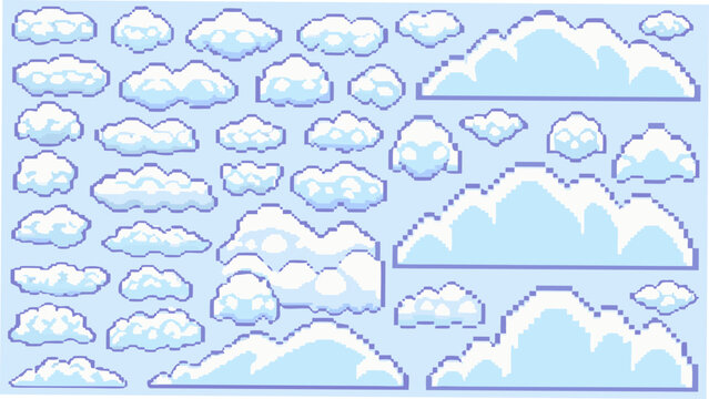 Pixelated cloud collection a vector illustration with a light blue background and varied cloud formations 8 bit clouds blocky cel shading arrangement formation