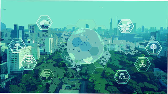 Hexagonal shaped graphic elements overlaid on a cityscape illustration featuring nature and technology motifs urban architecture buildings pattern geometric shape vector
