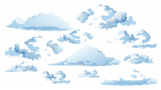 A collection of fluffy white clouds depicted in a watercolor style against a white background cloudscape cumulus cirrus stratocumulus cloud formations