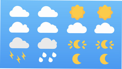 Obraz premium Colorful weather symbols including clouds suns lightning rain and crescent moons on a blue background cloud sun raindrops moon meteorological meteorology