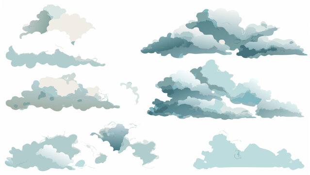 A collection of eight watercolor cloud formations depicted in varying shades of gray and white clouds cloudscape cumulus stratus cirrus nimbus