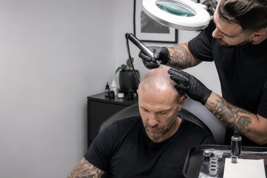 Practitioner doing scalp micropigmentation on bald man in clinic