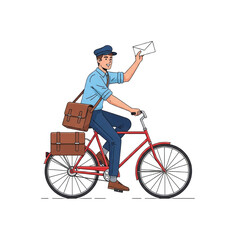 Naklejka premium Postman riding a red bicycle with a mailbag, delivering letters
