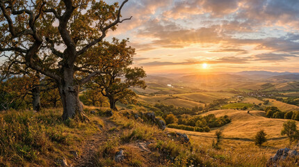 Fototapeta premium Golden hour sunlight bathes solitary oak trees on rolling hills golden hills