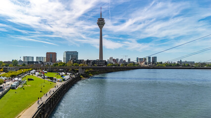 Fototapeta premium Dusseldorf city skyline aerial drone view from above, Medienhafen, bridge and river Rhine, Germany 