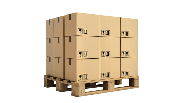 Cardboard boxes stacked on wooden pallet with fragile symbols