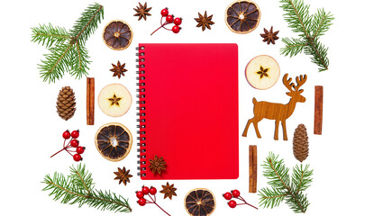 Christmas flat lay with red notebook pine branches dried oranges cinnamon pine cones star anise apple slices berries, and wooden reindeer © Lubos