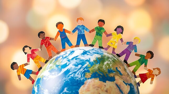 Diverse group of happy children holding hands around the planet earth globe representing global unity and friendship as a symbolic illustration for peace and international cooperation