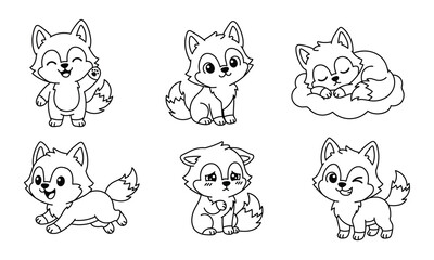 Obraz premium Adorable fox character collection with various poses and emotions in outline style, perfect for children's products, stickers, and educational materials.
