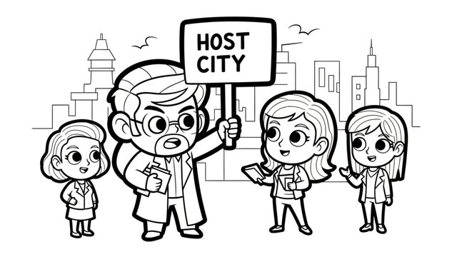 Cartoon characters holding host city protest sign together.