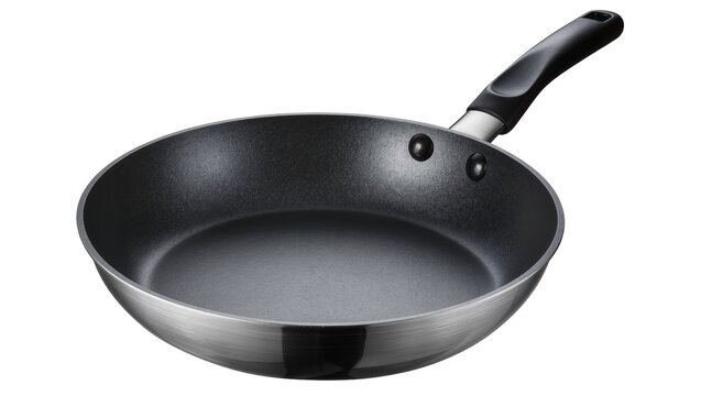 Non-stick frying pan with black handle and brushed metal exterior