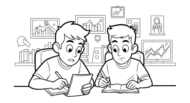 Two young boys studying finance and stock market basics together.