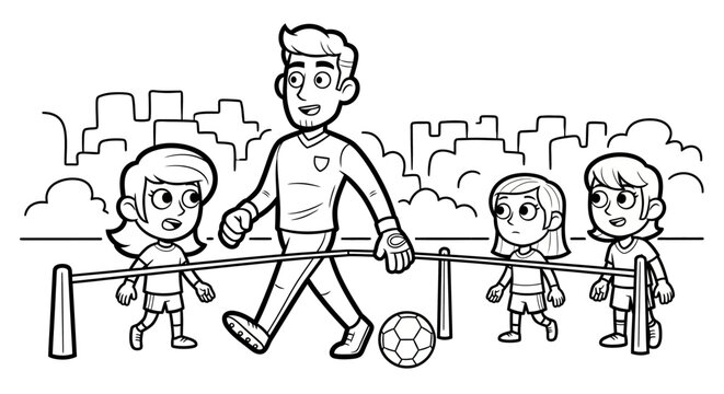 Youth soccer coach teaching children how to play.