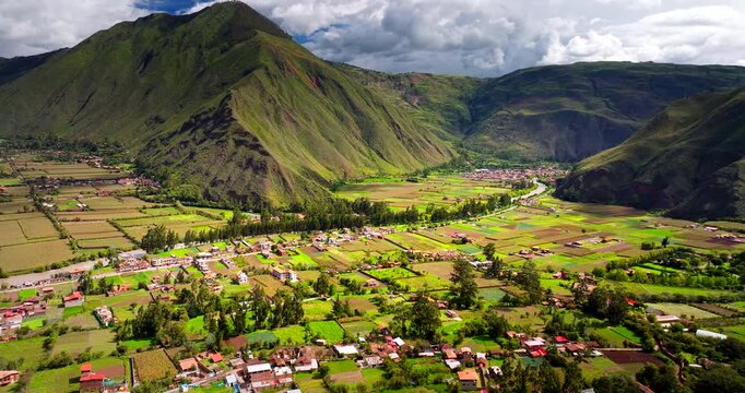 Fertile Sacred Valley with wide aerial view over Huayllabamba town, Peru