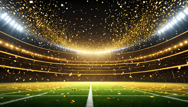 Spectacular sports stadium illuminated by dazzling lights, with a shower of golden confetti symbolizing triumph and grand celebration, capturing the essence of victory