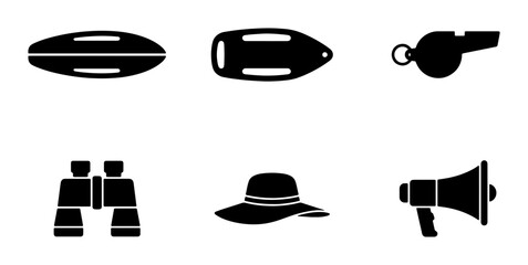 Lifeguard Equipment Icons Set: Rescue Buoys, Whistle, Binoculars, Hat, Megaphone, Vector Graphics for Safety and Beach Services © Farzana