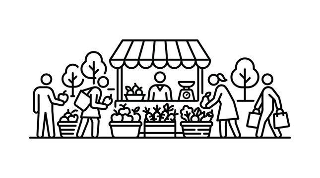 A black and white line art illustration of a bustling outdoor farmers market with people shopping for fresh produce.