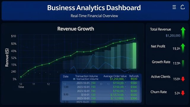 Business analytics dashboard with revenue growth chart and financial metrics on screen