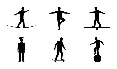 Balance and Coordination Icons: Silhouettes of Figures Performing Stunts, Yoga Pose, Tightrope Walking, Graduation, Skateboarding, and Unicycling for Stability Concepts © Farzana