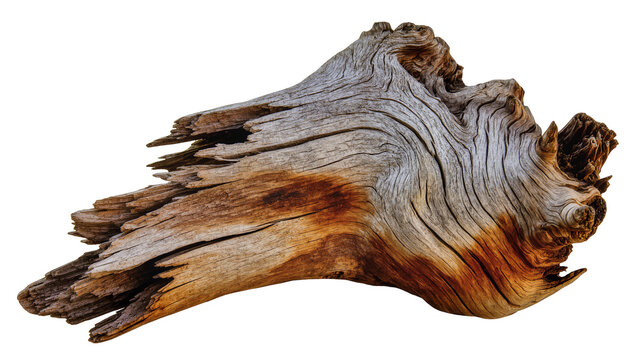 Weathered gnarled driftwood with rough texture and brown hues