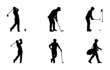 Fototapeta premium Golf Player Silhouettes Set, Dynamic Poses of Athletes Swinging, Putting, and Walking with Golf Bag, Vector Icons for Sports and Recreation