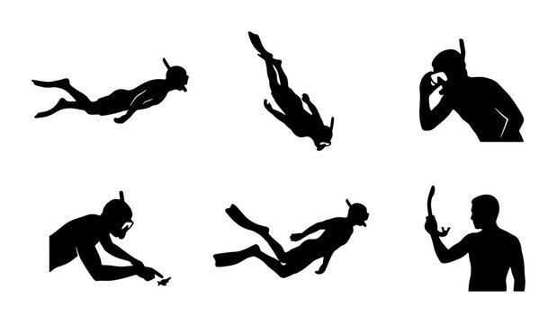 Freediving Silhouettes, Snorkeling Icons, Underwater Sport Vector Set: Dynamic Poses for Aquatic Activities and Ocean Exploration Graphics