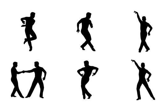 Dynamic Silhouette Dance Poses Vector Set, Energetic Movement Illustrations, Ballet, Jazz, and Partner Dancing Figures, Black and White Graphic Elements