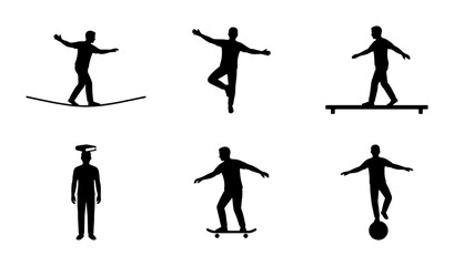Silhouette Figures Balancing Acts, Acrobatics, and Athletic Poses, Vector Icons for Stability, Coordination, and Skill Concepts © Lamiya