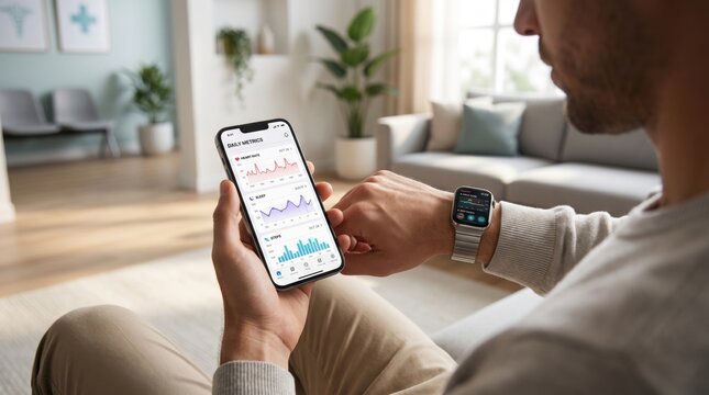 Man monitoring daily health metrics on smartphone app while wearing smartwatch, tracking fitness data like heart rate and steps in modern living room