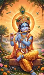 Fototapeta premium Sunrise Krishna Playing Divine Flute