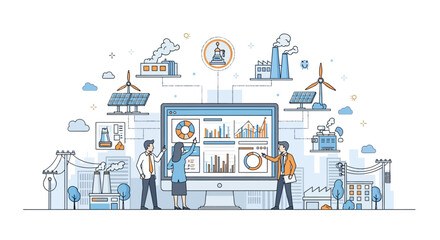 Fototapeta premium People analyzing energy data on a computer screen illustration.
