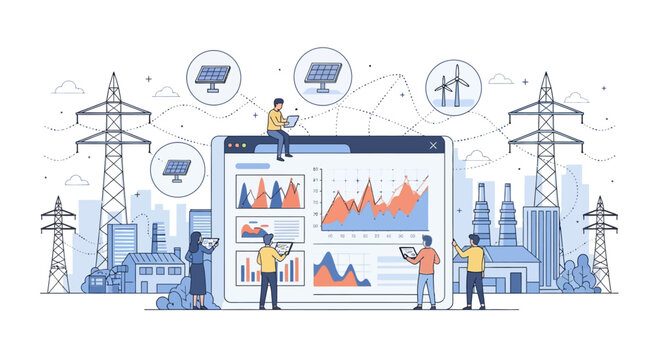 Data Analysts Monitoring Renewable Energy Power Grid Performance on Large Screen.