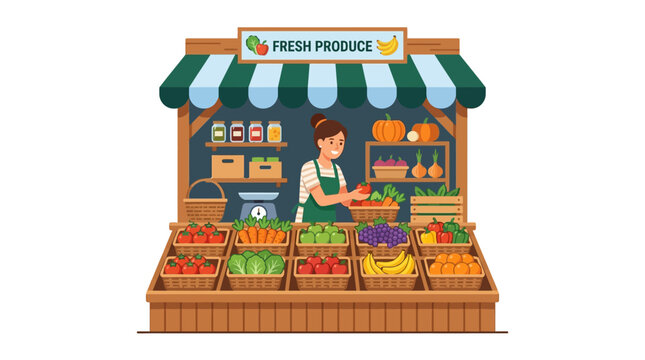 A friendly female shopkeeper organizing fresh vegetables and fruits at a local market stall.