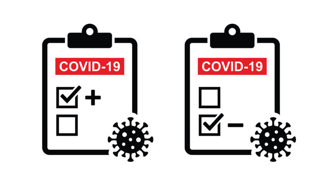 Two medical clipboard icons displaying positive and negative covid nineteen test results with bold black graphics