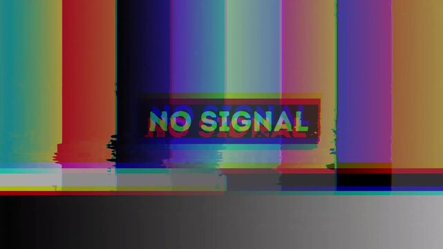 Distorted broadcast with vibrant color bars and 'no signal' message indicating a television transmission error or corrupted stream
