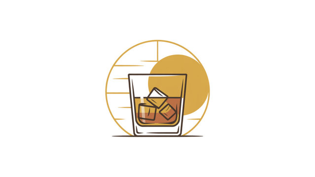 Glass of whiskey with ice cubes inside a circular badge design Vector