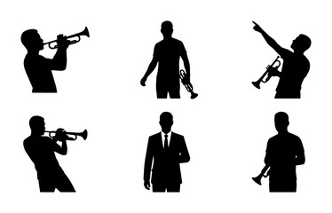 Trumpet Player Silhouettes, Jazz Musician Poses, Musical Performance Vector Set, Business Man with Instrument, Silhouette Collection © Omar