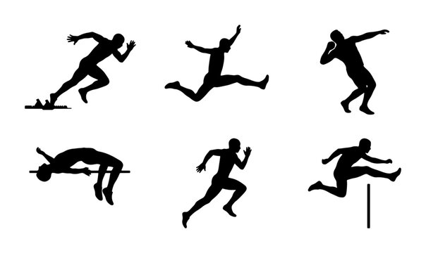 Athletics Silhouettes: Track and Field Athletes in Action, Sprinting, Jumping, Hurdles, Shot Put, High Jump, Vector Icons for Sports and Fitness Concepts